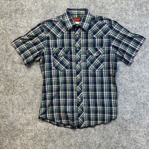 Vintage Rustler Western Pearl Snap Shirt Men's Size M Blue Plaid Short Sleeve